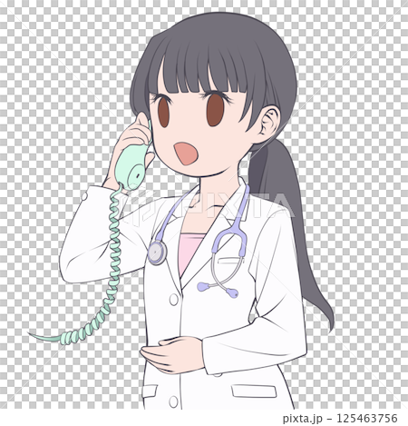 一位黑髮女醫生在電話裡微笑著 125463756