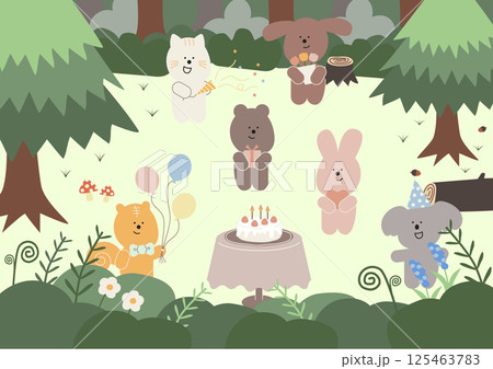 森の中のどうぶつのパーティーとケーキ 125463783