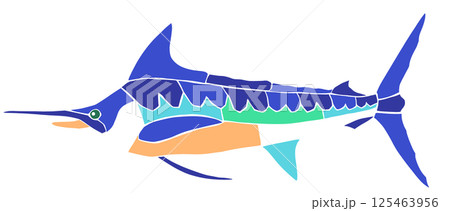 海水魚カジキの素敵なステンドグラス画風切り絵イラスト目地無し 125463956