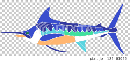 海水魚カジキの素敵なステンドグラス画風切り絵イラスト目地無し 125463956