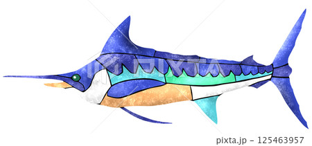 海水魚カジキの綺麗なモザイク画風切り絵イラスト 125463957