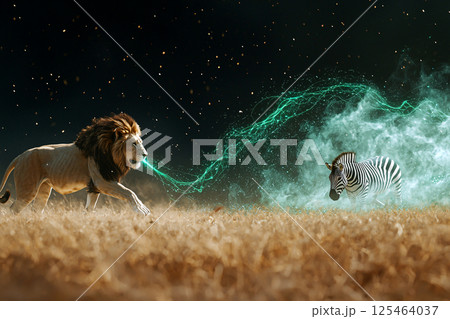 Invisible energy waves connect a lion, zebra and grass, symbolizing the food chain hidden flow 125464037