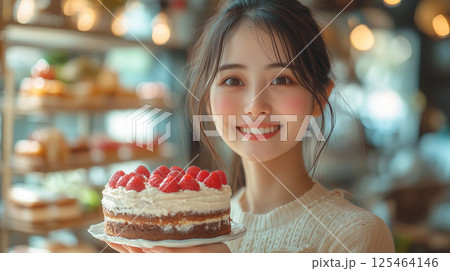 手作りケーキを両手で笑顔で持つ若い女性 125464146