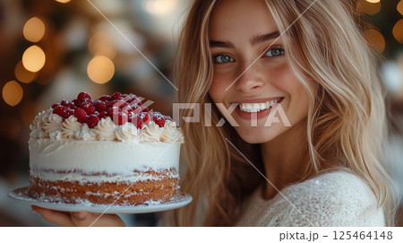 手作りケーキを両手で笑顔で持つ若い女性 125464148