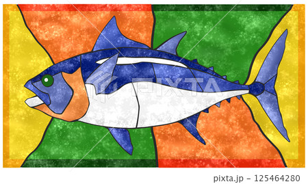 高級魚マグロのカラフルタイル画風切り絵イラスト背景有り 125464280