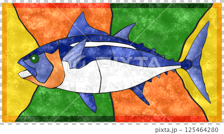 高級魚マグロのカラフルタイル画風切り絵イラスト背景有り 125464280