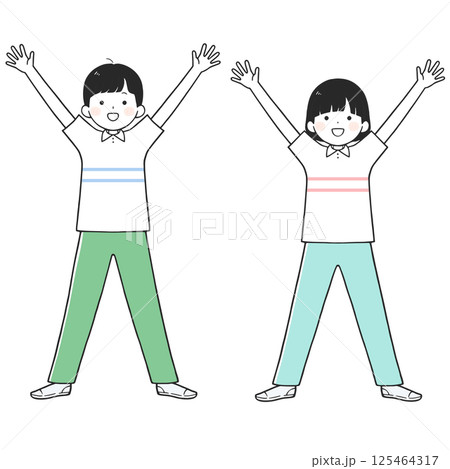笑顔でバンザイする男女のイラスト 125464317
