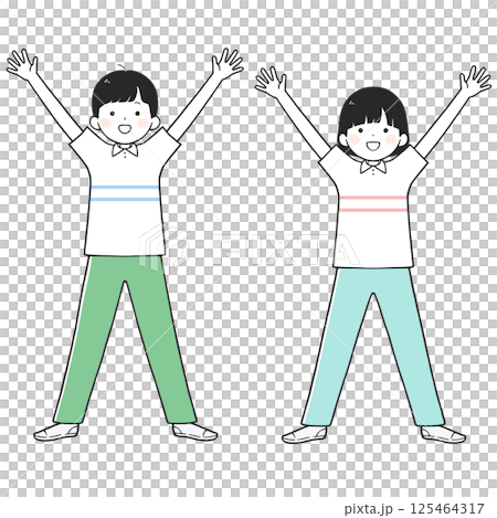 笑顔でバンザイする男女のイラスト 125464317
