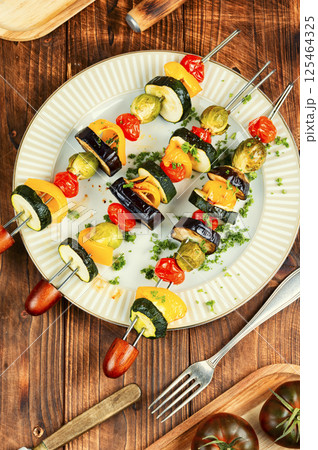 Grilled vegetables on skewers. Grilled vegetables on skewers. 125464325