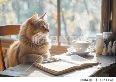 コーヒーと窓辺に静かに座る猫 125464358