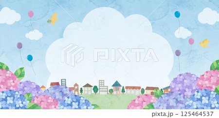 紫陽花と街並みの水彩風、風景イラスト 125464537