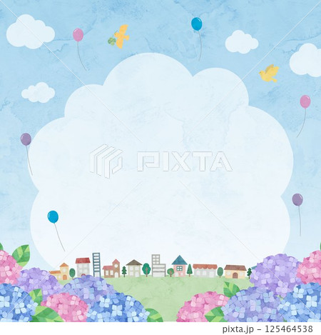 紫陽花と街並みの水彩風、風景イラスト 125464538