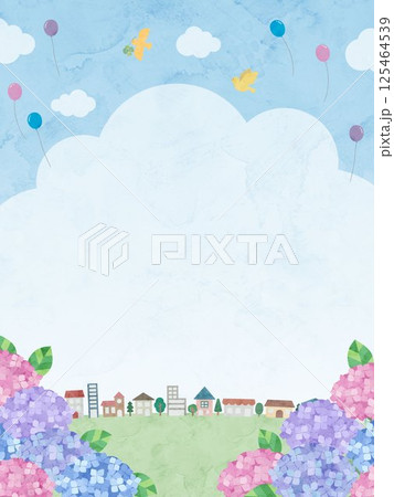 紫陽花と街並みの水彩風、風景イラスト 125464539