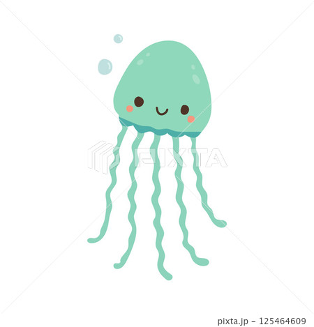 Smiling blue jellyfish with flowing tentacles and gentle bubbles, great for aquatic posters, undersea storybooks, and adorable sea animal sets Smiling blue jellyfish with flowing tentacles and gentle bubbles, great for aquatic posters, undersea storybooks, and adorable sea animal sets 125464609