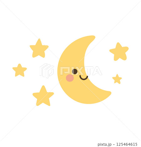 Smiling crescent moon with cheerful stars in a yellow night sky, great for bedtime prints, dream-themed art, and playful celestial decor for kids 125464615