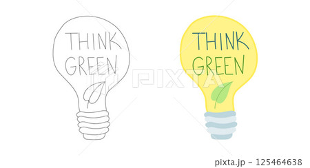Yellow light bulb with green leaf inside and Think Green slogan, highlighting energy awareness, smart power use, and clean electricity ideas 125464638