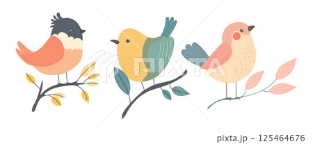 Illustrated birds perched on leafy branches in bright hues, great for forest wildlife themes, spring greeting cards, or friendly garden decor art 125464676