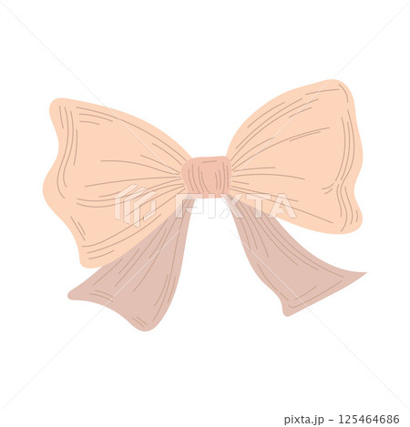 Pastel peach and blush ribbon bow illustration with rustic charm, ideal for romantic packaging, dainty fashion prints, or delicate textile decor use 125464686
