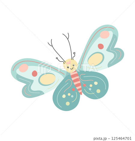 Whimsical butterfly with teal wings, red dots, and smiling face, ideal for spring bug illustrations, nature-themed prints, and cheerful flying insect designs 125464701