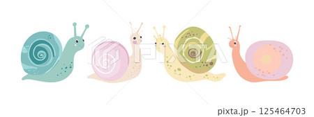 Four colorful pastel snails with spiral shells and smiling faces, perfect for cute garden animal sets, kids learning materials, and nature themed clipart 125464703