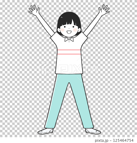 Illustration of a young woman raising her arms in the air 125464754
