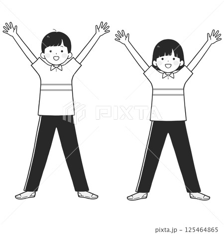 笑顔でバンザイする男女のモノクロイラスト 125464865