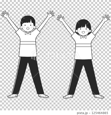 單色插圖，一男一女微笑著舉起雙臂 125464865