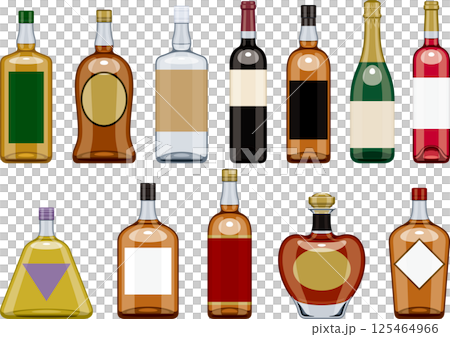 いろいろな種類の洋酒とワインのボトルのセット 125464966