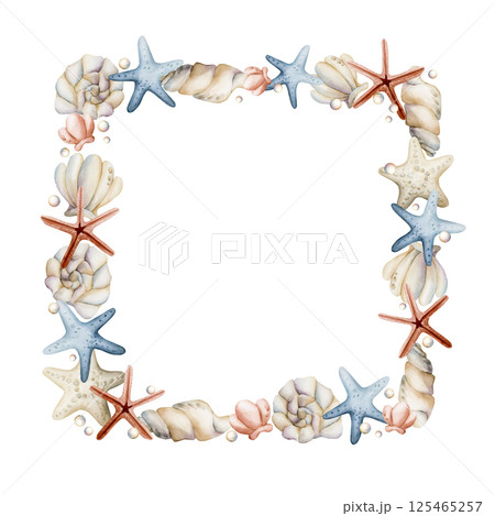 Sea Shells and Starfishes Frame. Cute ocean marine plants animals. Watercolor hand painted summer isolated pastel shades illustration for kids nursery decor baby shower undersea design cards label Sea Shells and Starfishes Frame. Cute ocean marine plants animals. Watercolor hand painted summer isolated pastel shades illustration for kids nursery decor baby shower undersea design cards label 125465257