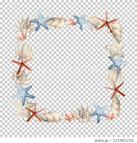 Sea Shells and Starfishes Frame. Cute ocean marine plants animals. Watercolor hand painted summer isolated pastel shades illustration for kids nursery decor baby shower undersea design cards label Sea Shells and Starfishes Frame. Cute ocean marine plants animals. Watercolor hand painted summer isolated pastel shades illustration for kids nursery decor baby shower undersea design cards label 125465258
