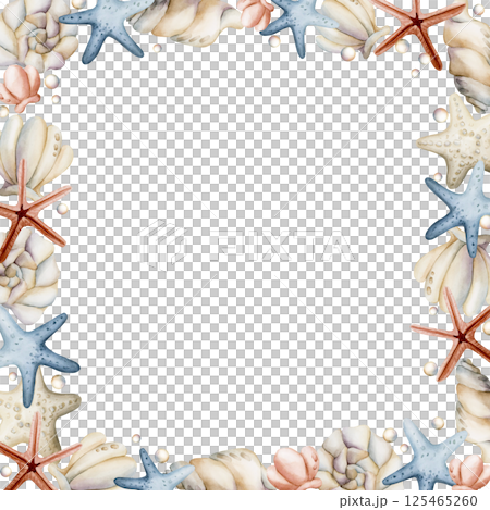 Sea Shells and Starfishes Frame. Cute ocean marine plants animals. Watercolor hand painted summer isolated pastel shades illustration for kids nursery decor baby shower undersea design cards label Sea Shells and Starfishes Frame. Cute ocean marine plants animals. Watercolor hand painted summer isolated pastel shades illustration for kids nursery decor baby shower undersea design cards label 125465260