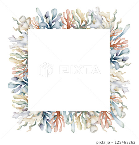 Seaweeds Algae Sea Corals Frame. Cute ocean marine underwater plants. Watercolor hand painted summer isolated pastel shades illustration for kids nursery decor baby shower undersea design cards label 125465262
