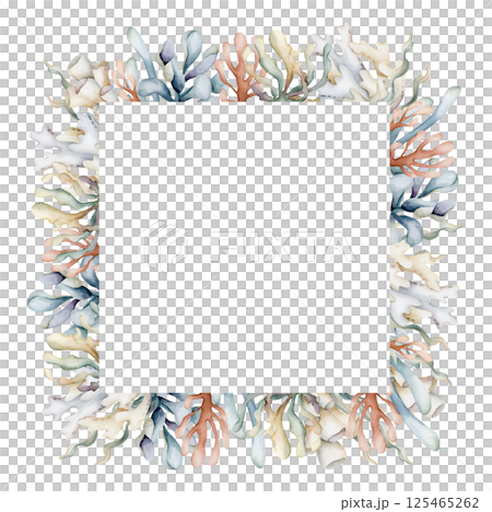 Seaweeds Algae Sea Corals Frame. Cute ocean marine underwater plants. Watercolor hand painted summer isolated pastel shades illustration for kids nursery decor baby shower undersea design cards label 125465262