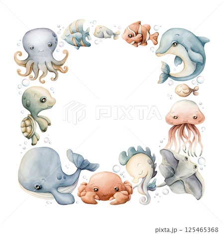 Sea animal Frame. Cute ocean creatures. Adorable underwater world marine inhabitants. Whale dolphin turtle fish. Watercolor hand painted summer isolated illustration kids nursery baby shower undersea 125465368