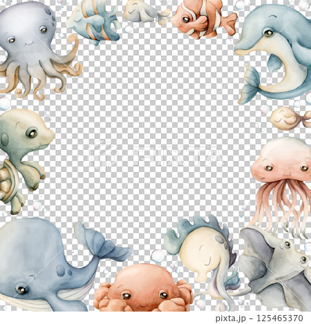 Sea animal Frame. Cute ocean creatures. Adorable underwater world marine inhabitants. Whale dolphin turtle fish. Watercolor hand painted summer isolated illustration kids nursery baby shower undersea 125465370