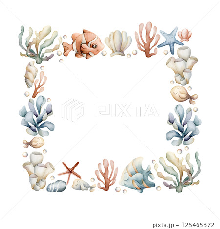 Sea Ocean Fishes Plants Frame. Cute clown fish, angelfish, seaweed, coral, starfish, shell, pearl. Watercolor hand painted summer isolated illustration kids nursery baby shower marine undersea design 125465372