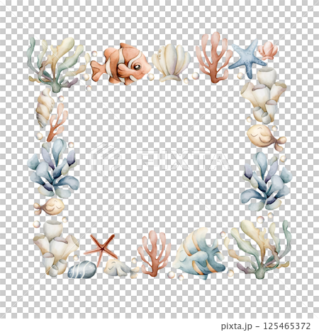 Sea Ocean Fishes Plants Frame. Cute clown fish, angelfish, seaweed, coral, starfish, shell, pearl. Watercolor hand painted summer isolated illustration kids nursery baby shower marine undersea design 125465372