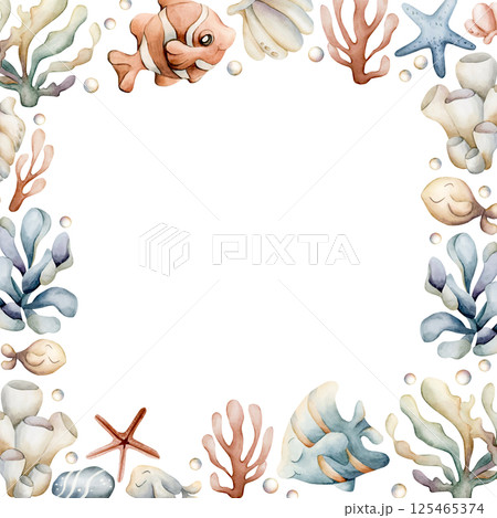 Sea Ocean Fishes Plants Frame. Cute clown fish, angelfish, seaweed, coral, starfish, shell, pearl. Watercolor hand painted summer isolated illustration kids nursery baby shower marine undersea design 125465374