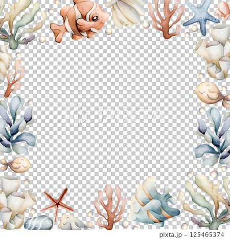 Sea Ocean Fishes Plants Frame. Cute clown fish, angelfish, seaweed, coral, starfish, shell, pearl. Watercolor hand painted summer isolated illustration kids nursery baby shower marine undersea design 125465374