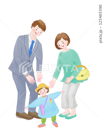 出勤するお父さんとお母さんと幼稚園に行く子供 出勤するお父さんとお母さんと幼稚園に行く子供 125465390