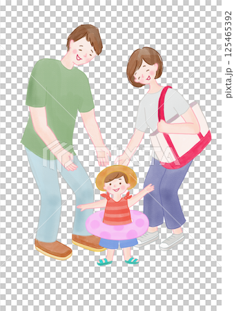 夏天，媽媽、爸爸和一個戴著游泳圈的女孩前往游泳池 125465392