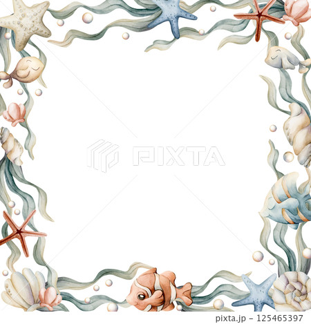 Sea Fishes Shell Starfish Seaweed Pearl Frame. Cute ocean marine animals and plants. Adorable underwater world. Watercolor hand painted summer isolated illustration kids nursery baby shower undersea Sea Fishes Shell Starfish Seaweed Pearl Frame. Cute ocean marine animals and plants. Adorable underwater world. Watercolor hand painted summer isolated illustration kids nursery baby shower undersea 125465397