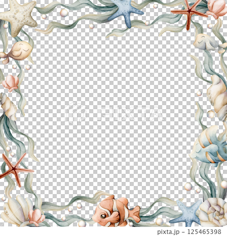 Sea Fishes Shell Starfish Seaweed Pearl Frame. Cute ocean marine animals and plants. Adorable underwater world. Watercolor hand painted summer isolated illustration kids nursery baby shower undersea 125465398