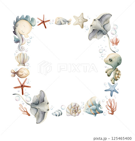 Sea Animals Plants Frame. Cute seahorse stingray turtle fish shell starfish seaweed coral. Adorable underwater world. Watercolor hand painted summer illustration kids nursery baby shower undersea 125465400