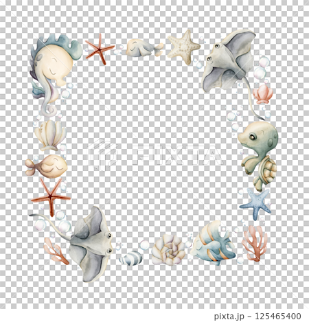 Sea Animals Plants Frame. Cute seahorse stingray turtle fish shell starfish seaweed coral. Adorable underwater world. Watercolor hand painted summer illustration kids nursery baby shower undersea 125465400
