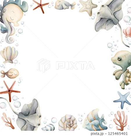 Sea Animals Plants Frame. Cute seahorse stingray turtle fish shell starfish seaweed coral. Adorable underwater world. Watercolor hand painted summer illustration kids nursery baby shower undersea Sea Animals Plants Frame. Cute seahorse stingray turtle fish shell starfish seaweed coral. Adorable underwater world. Watercolor hand painted summer illustration kids nursery baby shower undersea 125465401
