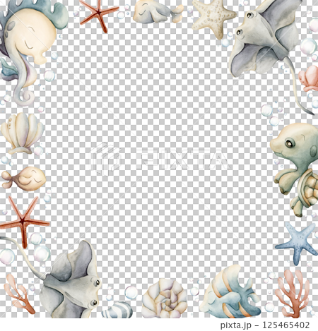 Sea Animals Plants Frame. Cute seahorse stingray turtle fish shell starfish seaweed coral. Adorable underwater world. Watercolor hand painted summer illustration kids nursery baby shower undersea Sea Animals Plants Frame. Cute seahorse stingray turtle fish shell starfish seaweed coral. Adorable underwater world. Watercolor hand painted summer illustration kids nursery baby shower undersea 125465402