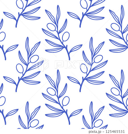 Simple leaves pattern blue outline on white background. Mediterranean blue floral seamless pattern for wrapping, textile, cover, scrapbooking 125465531