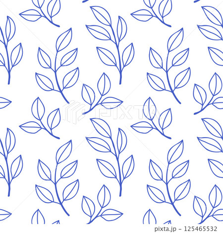 Simple leaves pattern blue outline on white background. Mediterranean blue floral seamless pattern for wrapping, textile, cover, scrapbooking 125465532