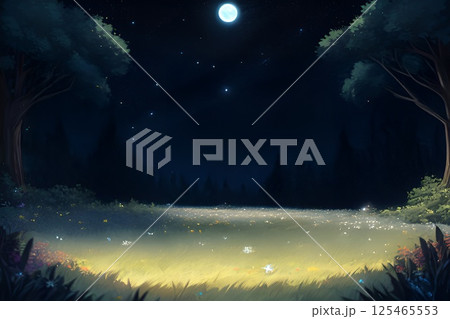 ゲーム背景　夜の星空とファンタジーな月光で光る草原がある世界風景 125465553